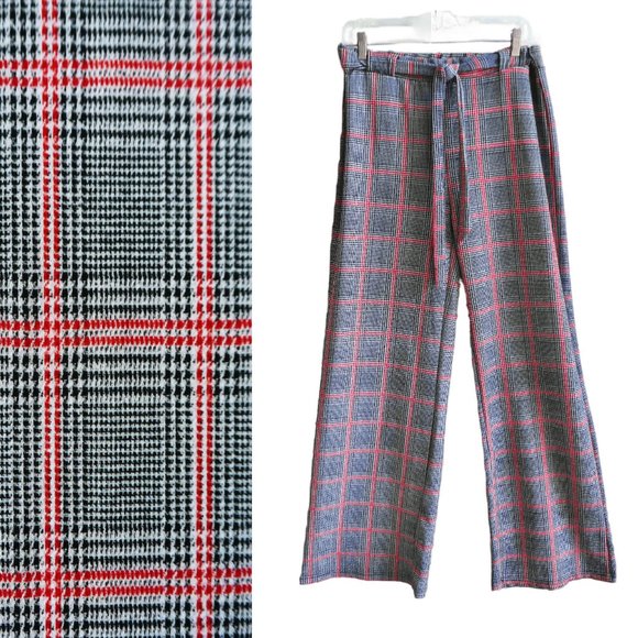 Hot Kiss Vintage Style Houndstooth Plaid Pants Elastic Tie Waist Wide Leg Stretc - Picture 1 of 8